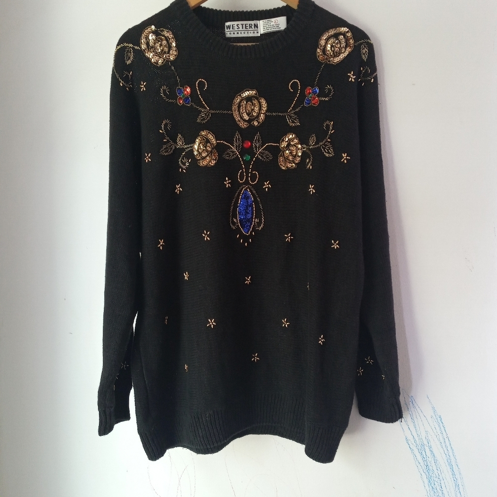 Vintage Western Connection L Sequins Bejeweled Knit Sweater
